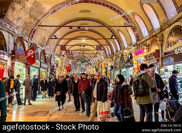 Istanbul, Turkey - March 25, 2019: Grand Bazaar in Istanbul, Turkey, one of the largest and oldest covered markets in the world KAPALICARSI, Istanbul, Turkey