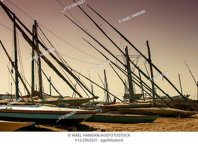 wooden boats on a dry dock, El-Burullos, Kafr El-Sheikh, Egypt, Africa