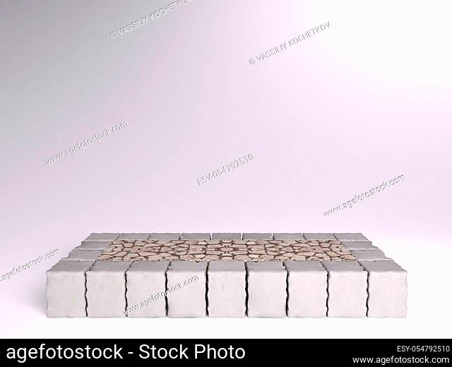Empty podium stone shelves with grunge white gray cement or concrete texture, white background. Counter for display or montage of product