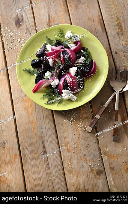 Roasted beetroot, pickled red onion and goatâ€™s cheese salad