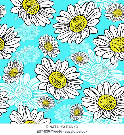 blossoming white daisies on a blue background, seamless pattern