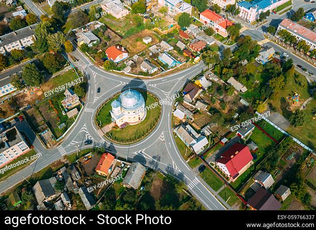 Chachersk, Gomel Region, Belarus. Aerial View Of Skyline Cityscape. Old Transfiguration Church. Historical Heritage In Bird's-eye View