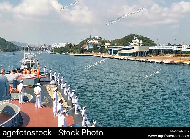 INDIA - NOVEMBER 18, 2023: A Russian Pacific Fleet warship arrives in the Indian port of Visakhapatnam with a business call. Best quality available