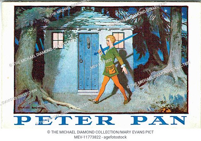 Promotional postcard for Peter Pan by J. M. Barrie. First produced at the Duke of York’s Theatre, 27th Decembr 1904.Artist: Charles Buchel