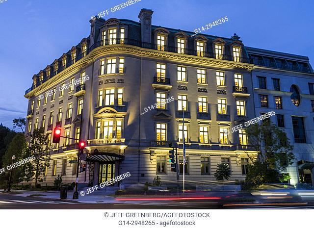 Washington DC, District of Columbia, Dupont Circle, historic district, D’Aniello Building, Beaux Arts, architecture, exterior, lighting, dusk, night