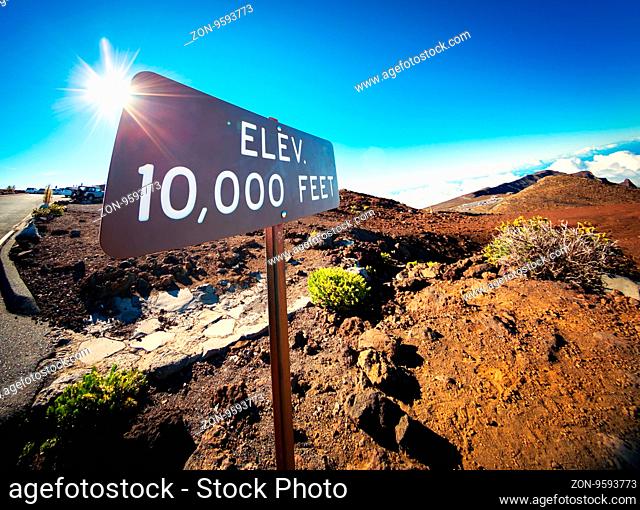 Elevation Sign at the Summit of Haleakala, Maui, Color Image