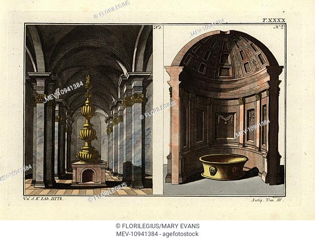 Interior of the Roman baths, showing vaulted room with fountain. Handcolored copperplate engraving from Robert von Spalart's Historical Picture of the Costumes...