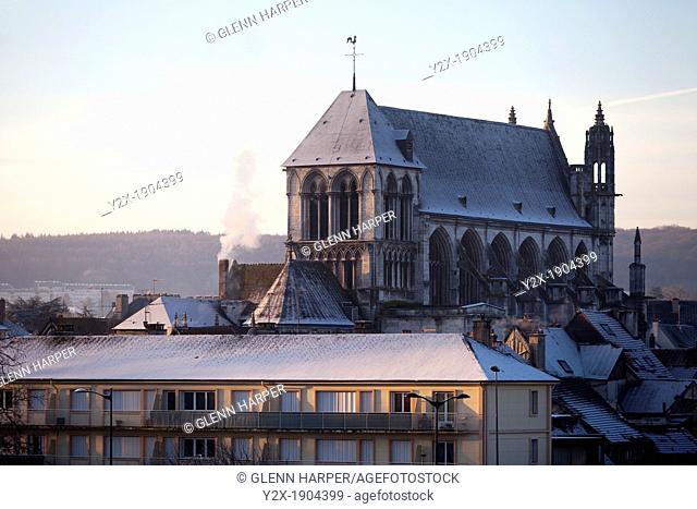 Collégiale Notre-Dame church rises above surrounding buildings, Vernon, Eure, France