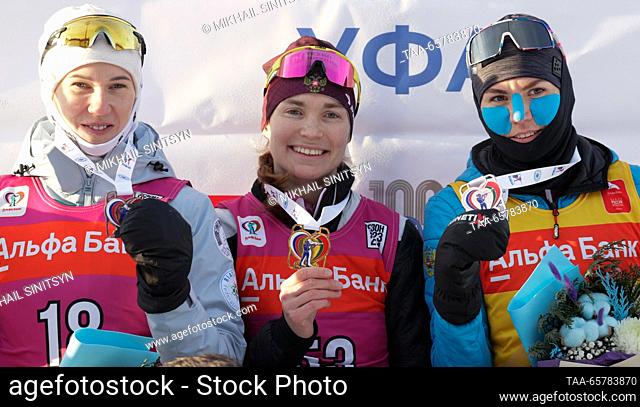 RUSSIA, UFA - DECEMBER 15, 2023: Silver medallist Hanna Sola of Belarus, gold medal winner Tamara Derbusheva of Russia and bronze medallist Viktoria Slivko of...