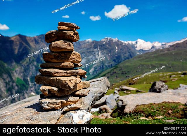 Stone cairn in Himalayas. Near Manali, above Kullu Valley, Himachal Pradesh, India