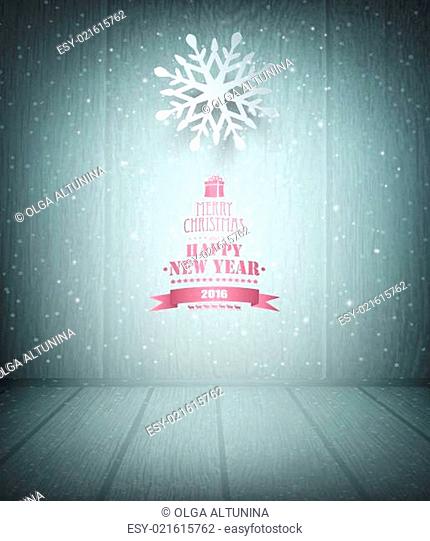 Christmas Background With Wooden Scene,  Snowflake, Gift, Raindeers And Title Inscription