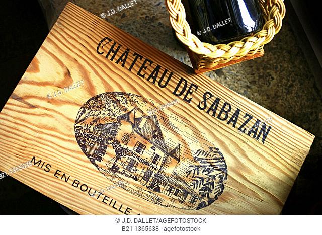 France, Midi Pyrenees, Gers, wooden box of Chateau de Sabazan wines at the Saint Mont AOC