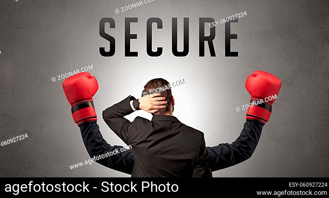 Rear view of a businessman with SECURE inscription, cyber security concept