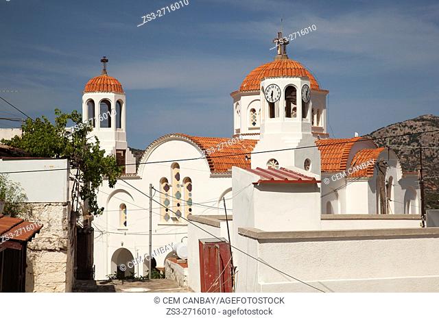 Church with bell tower and clock tower, Lasithi, Crete, Greek Islands, Greece, Europe