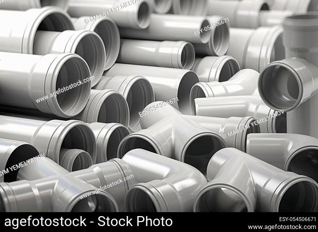 PVC plastic pipes and tubes stacked in warehouse. 3d illustration