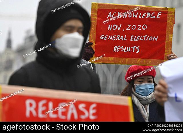 Protest against coup in Myanmar, staged by Burmese living in the Czech Republic, took place at Wenceslas Square, Prague, Czech Republic, on Sunday, February 6