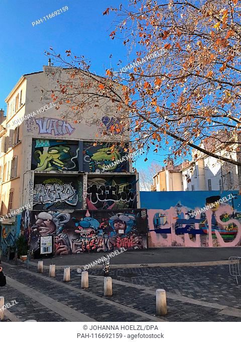 Graffiti in the old town quarter Le Panier in the south french seaport Marseille - Le Panier is a vibrant multicultural district of Marseille with a long...
