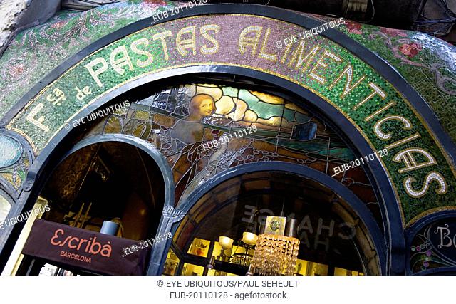 Art Nouveau tiled facade of the Escriba pastry shop on La Rambla in the Old Town district
