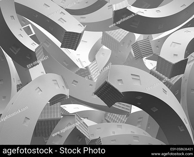 Tall white cottages group surreal bending abstract, 3d illustration, horizontal