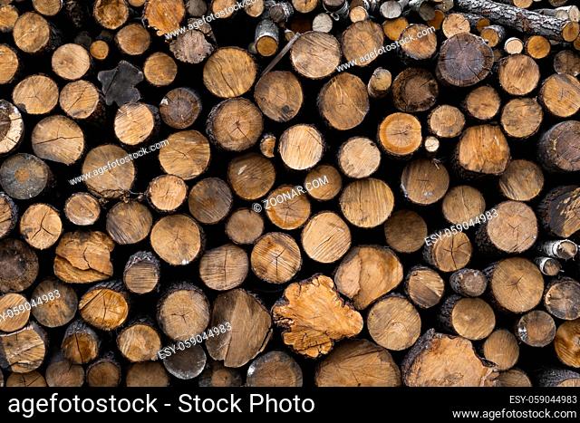 Firewood stacked and prepared for winter Pile of wood logs. Pile of wood logs ready for winter. Wood texture background have many logs that cut from big trees...