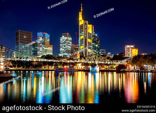 Skyline of Frankfurt at the Main river at night