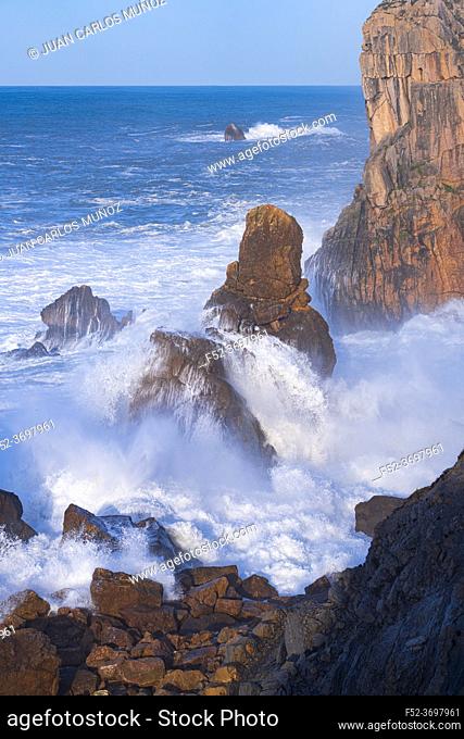 Dusk and waves in the Cantabrian Sea in the surroundings of Costa Quebrada in the Los Urros de Liencres area in the Municipality of Piélagos in the Autonomous...