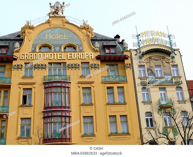 Czech republic, Prague, new part of town, Vaclavske namesti, houses, Grand hotel Evropa, Meran hotel, Bohemia, the Czech republic, Haupstadt, city