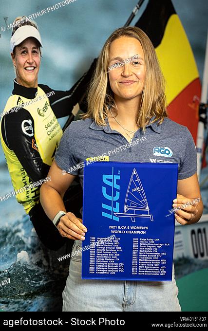 Belgian Sailor Emma Plasschaert poses for the photographer during a press moment with the new world champion of the Laser Radial (Category ILCA 6) class