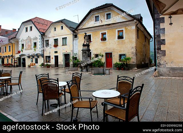 Ancient houses in the main square of Radovljica in Slovenia