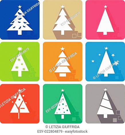 Icons set with christmas tree and stars - color