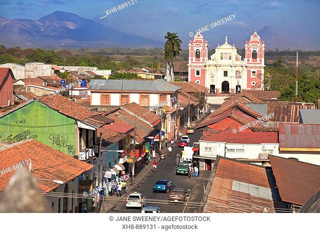 View from cathedral looking across rooftops towards El Calvario church, Leon, Nicaragua