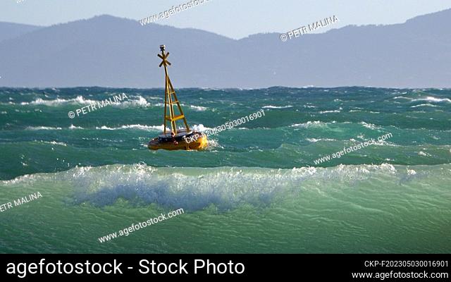 Big waves and a buoy on the rough Tyrrhenian Sea sea in Piombino, Italy on April 13, 2023. (CTK Photo/Petr Malina)