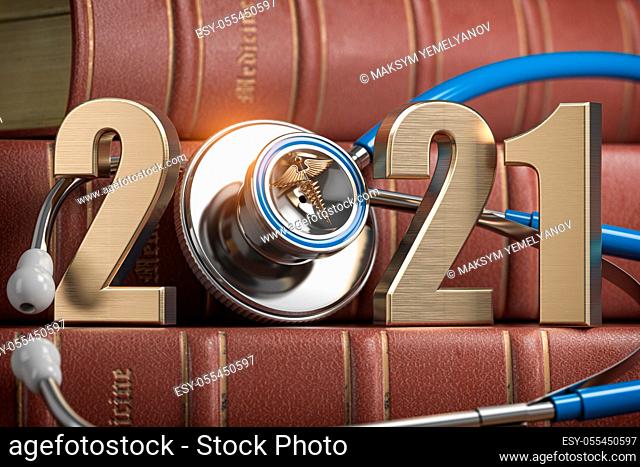 2021 Happy New Year for health care medicine and pharmacy industry. Number 2021 with stethoscope on vintage books of medicine. 3d illustration