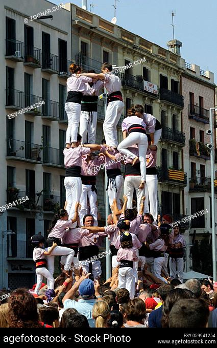 Katalanische Menschentuerme, Castells zum Nationalfeiertag in Barcelona 11.09.2014. Die Castells symbolisieren die Solidoritaet und Stabilitaet der...
