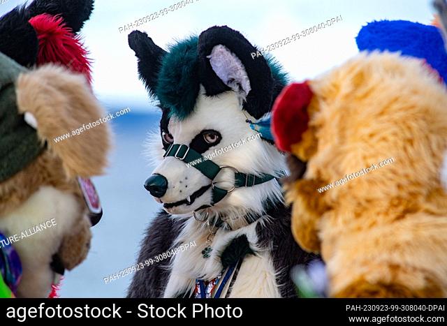 23 September 2023, Mecklenburg-Western Pomerania, Binz: With colorful animal costumes, participants of the ""Furry Treffen"" stand on the pier