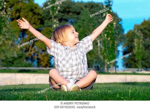 The little boy sitting on a grass with the lifted hands