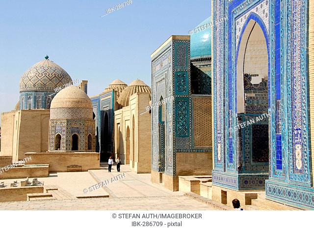 Mausoleums with blue decorated iwans and cupolas Necropolis Shah-i-Zinda Samarkand Uzbekistan