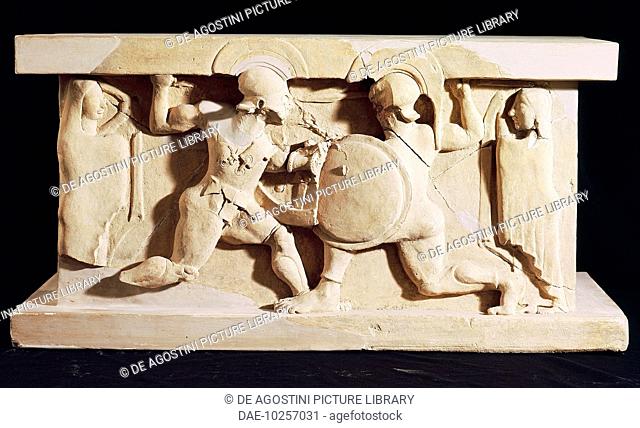 Fight between Achilles and Memnon assisted by their mothers, clay arula (small altar), from Locri, Calabria, Italy. Greek civilisation, 6th century BC