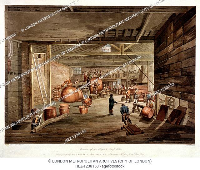 Interior view of Russell, Pontifex and Goldwin's copper and brass works at nos 46-48 Shoe Lane, London, 1806, showing the men at work