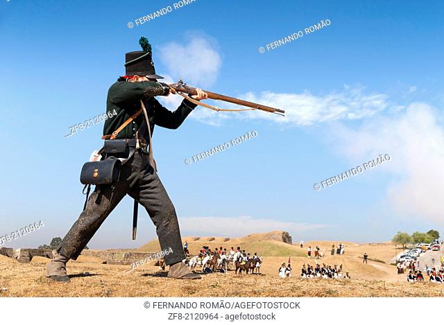 Firing a riffle at a Napoleonic battle reconstitution, Almeida, Portugal