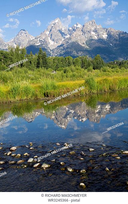 Teton Range from Schwabache Landing, Grand Teton National Park, Wyoming, United States of America, North America