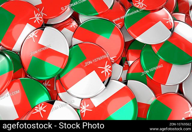 Oman Badges Background - Pile of Omani Flag Buttons. 3D Rendering