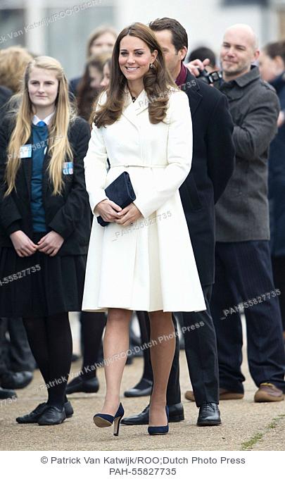 Catherine, Duchess of Cambridge, visits an art project at the construction site of the new Ben Ainslie Racing headquarters and Visitor Centre on February 12