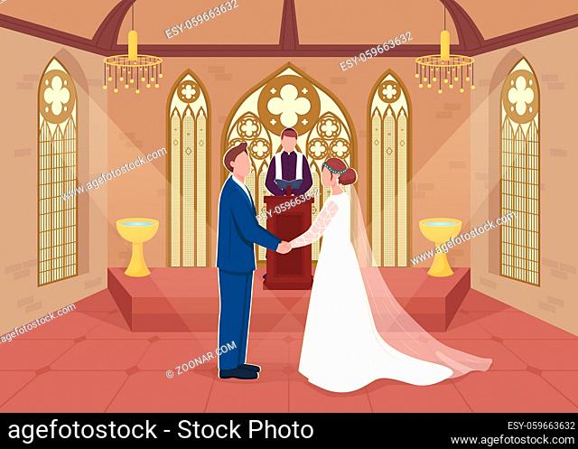 Religious wedding ceremony flat color vector illustration. Priest does matrimony service. Couple marry in church. Bride and groom 2D cartoon characters with...