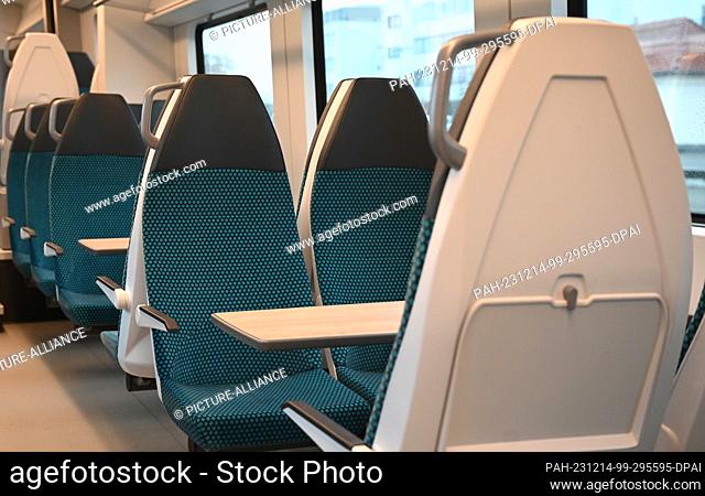 14 December 2023, Saxony, Leipzig: The interior of a model of a new S-Bahn train is presented at Leipzig Central Station