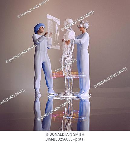 Nurse wearing virtual reality helmet repairing cyborg