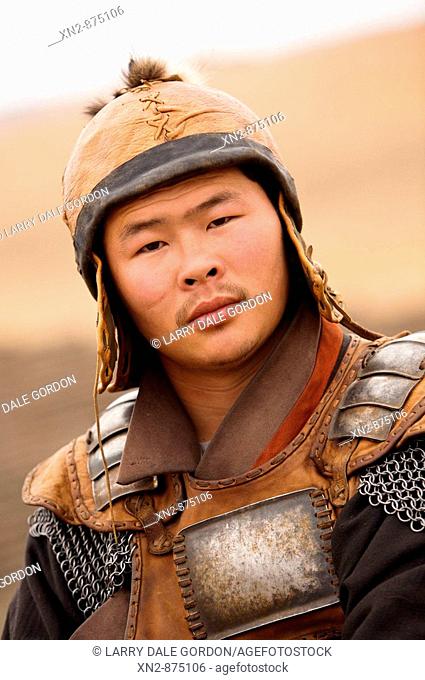 Mongolia. Traditional Guard at the gates of a recreation of a 13th Century Ger Village