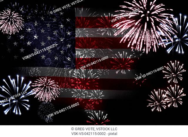 American flag and firework display
