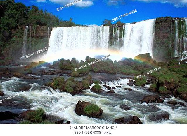 Rainbow in front of waterfall, Iguassu River, Iguassu Falls, Iguassu National Park, Brazil-Argentina