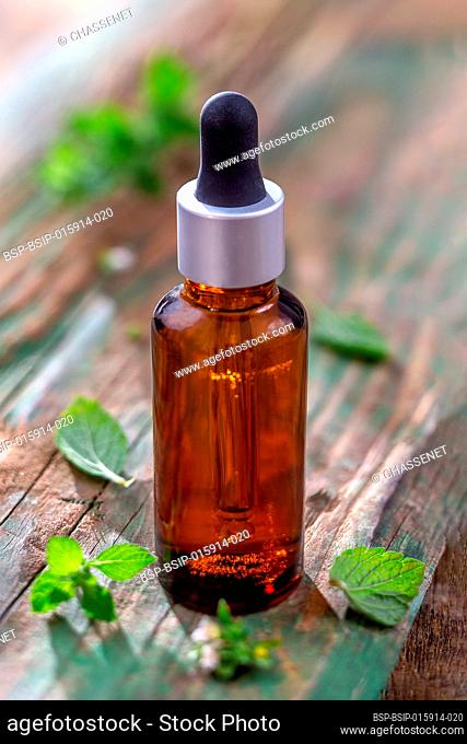 Mint essential oil in a drop bottle on wooden background
